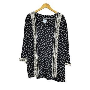 VTG Open Front Spiral Pattern Black Cardigan XL 3/4 Sleeve Boho Lagenlook Nature